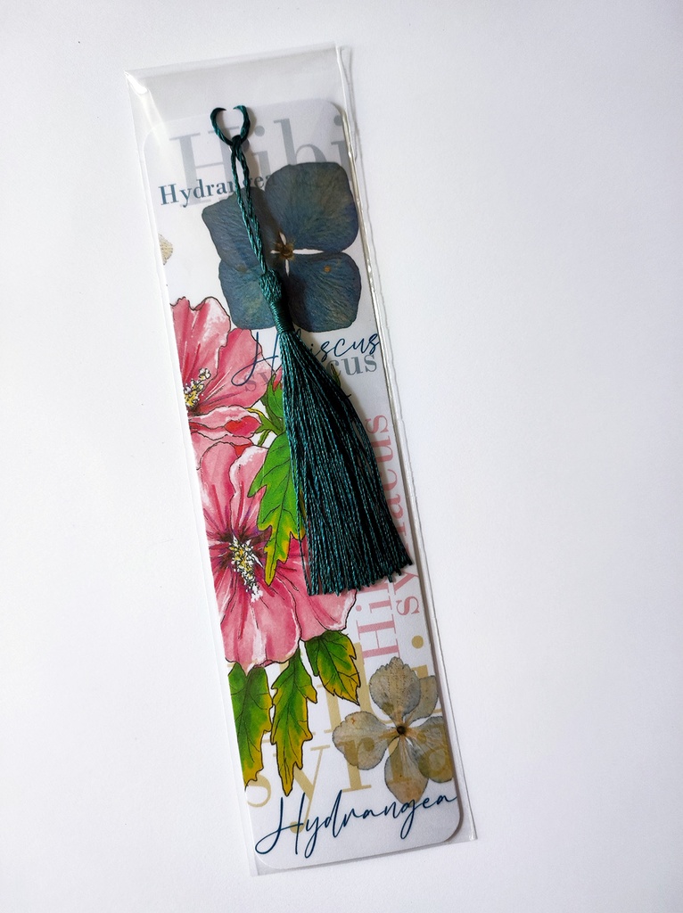 Marque pages Fleurs hibiscus - hydrangea - Modèle 1 pompon bleu pétrole