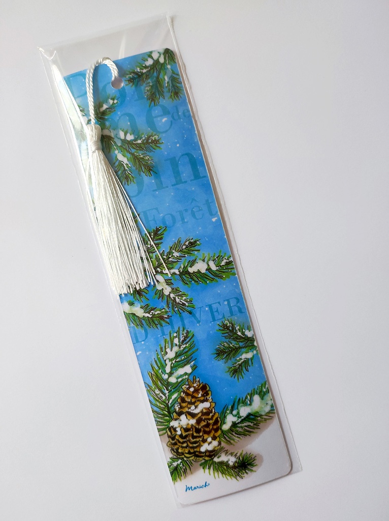 Marque pages Pommes de pin d'hiver pompon blanc