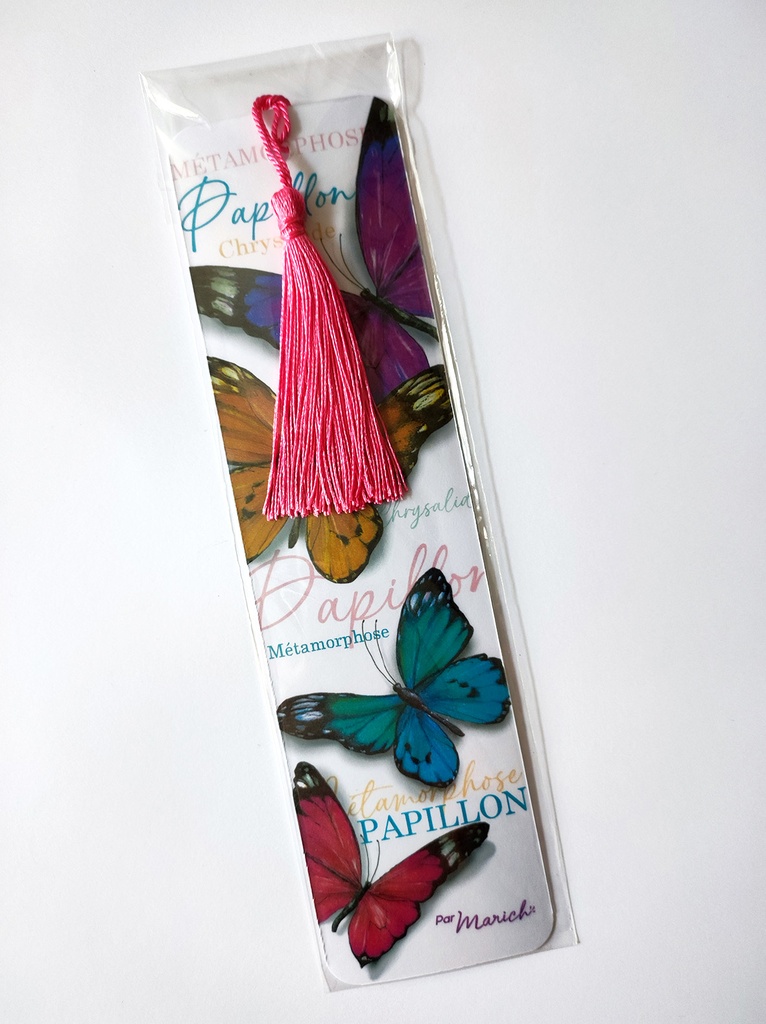 Marque pages Papillons multicolores pompon rose